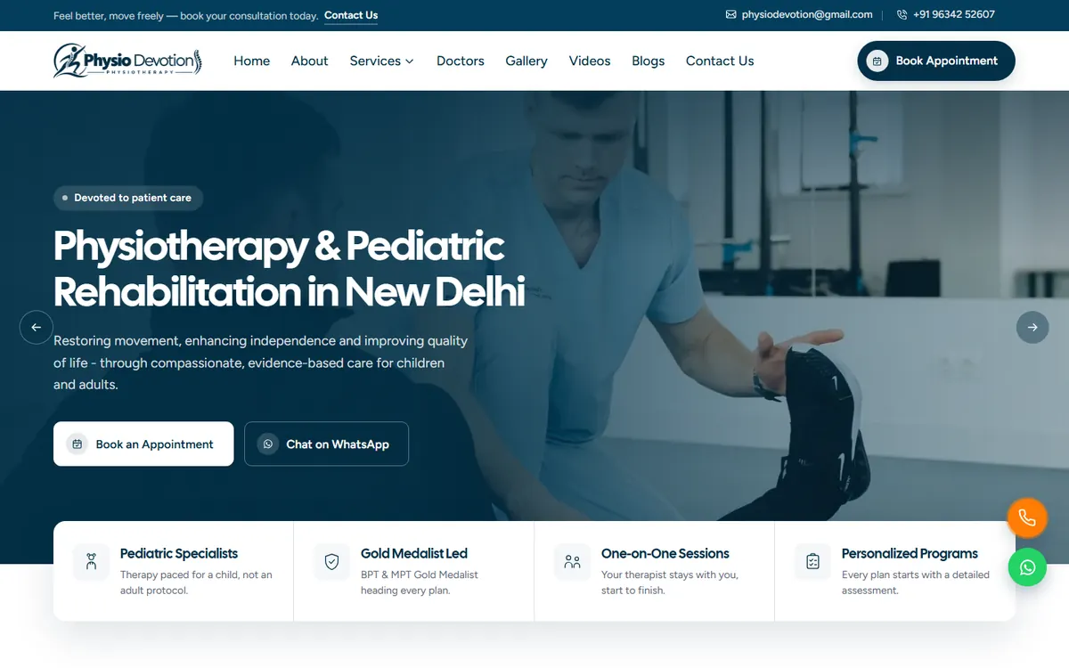 Physio Devotion homepage on a desktop screen, designed by WebKeyIndia